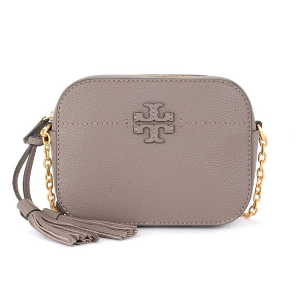 Tory Burch McGraw Camera Bag Silver Maple Taupe Leather Crossbody NWT Sold Out - Picture 1 of 9